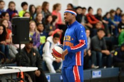Harlem Globetrotters' Anthony "Buckets" Blakes addresses students at Martin Luther King Middle School in Berkeley, Calif., on Tuesday, Jan. 12, 2016. The appearance allowed non-disabled children the opportunity to learn about wheelchair basketball with the world famous Harlem Globetrotters who are in town for a series of seven Bay Area performances. (Kristopher Skinner/Bay Area News Group)
